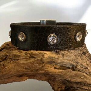 Black Leather Bracelet with Rhinestone Accents